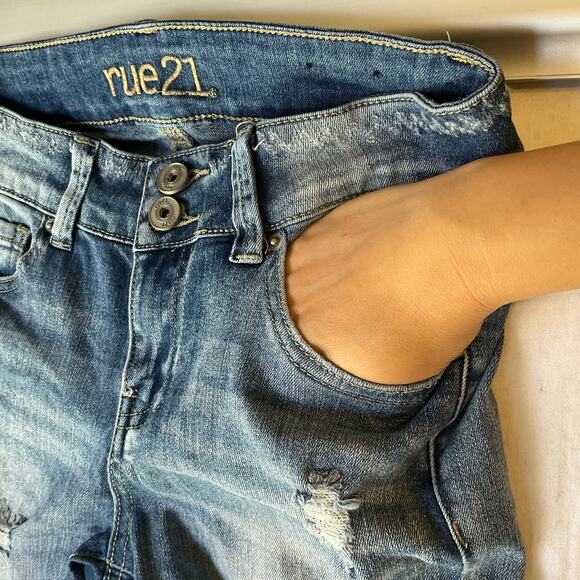 Rue 21 Women Jean Jeggings size 4 Blue Mid Rise Stretch Frayed - Picture 7 of 11